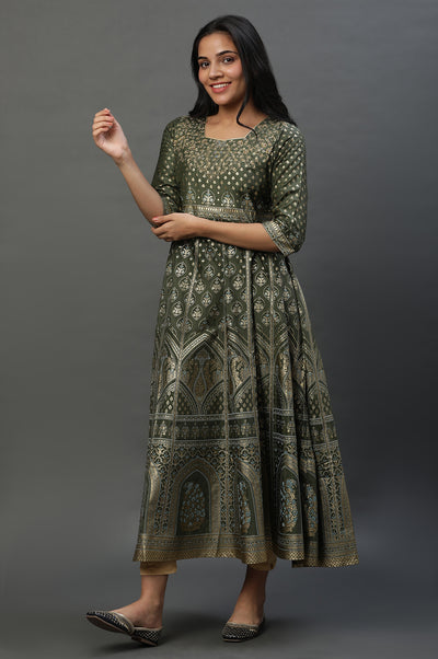 Green Printed Dress & Tights Set