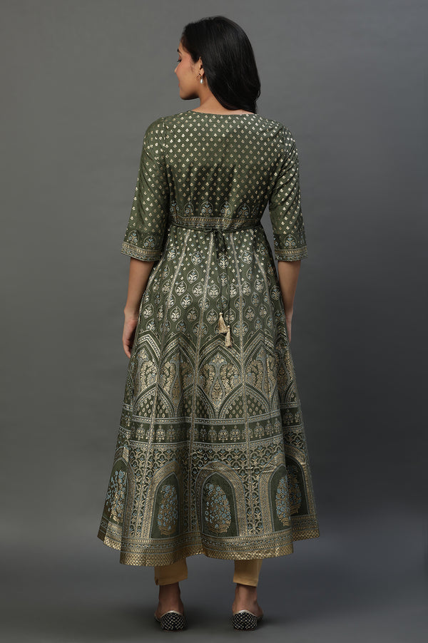 Green Printed Dress & Tights Set