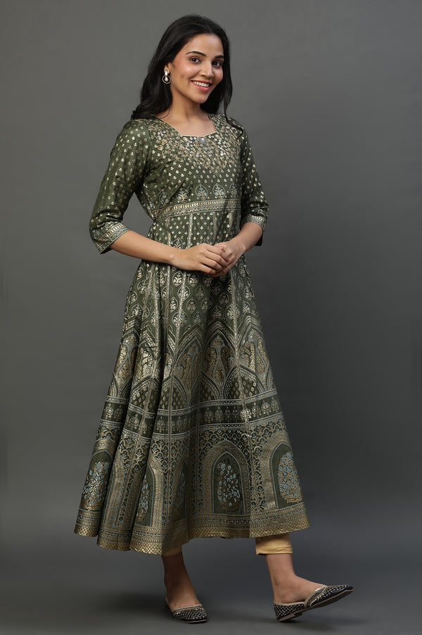 Green Printed Dress & Tights Set
