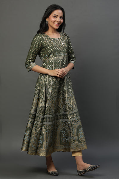 Green Printed Dress & Tights Set