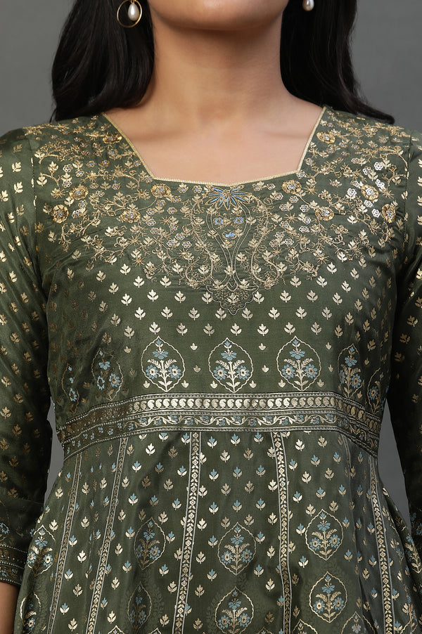Green Printed Dress & Tights Set