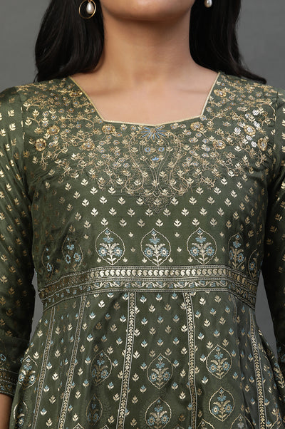 Green Printed Dress & Tights Set