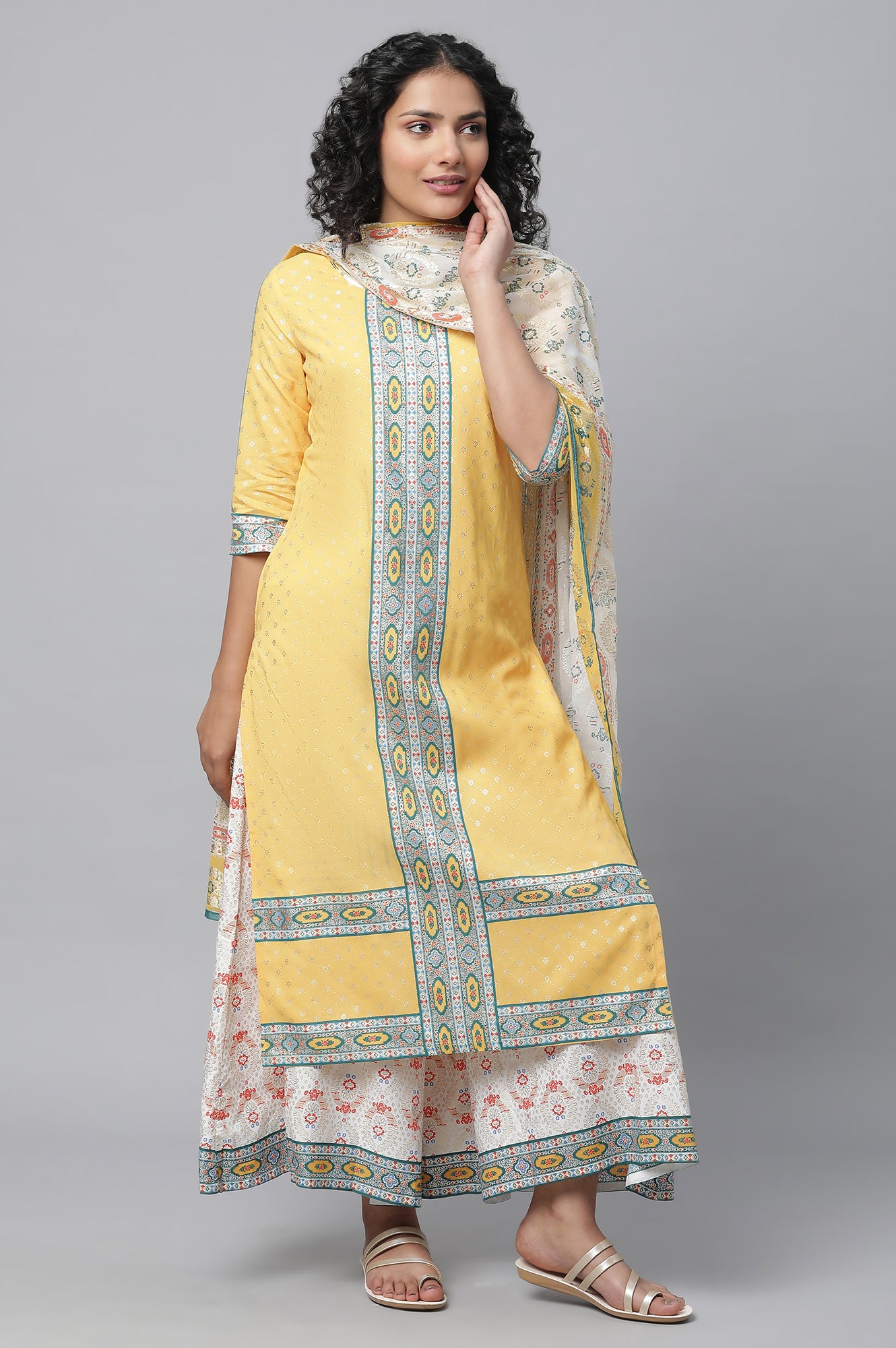 Yellow Festive kurta, Culottes &amp; Dupatta Set