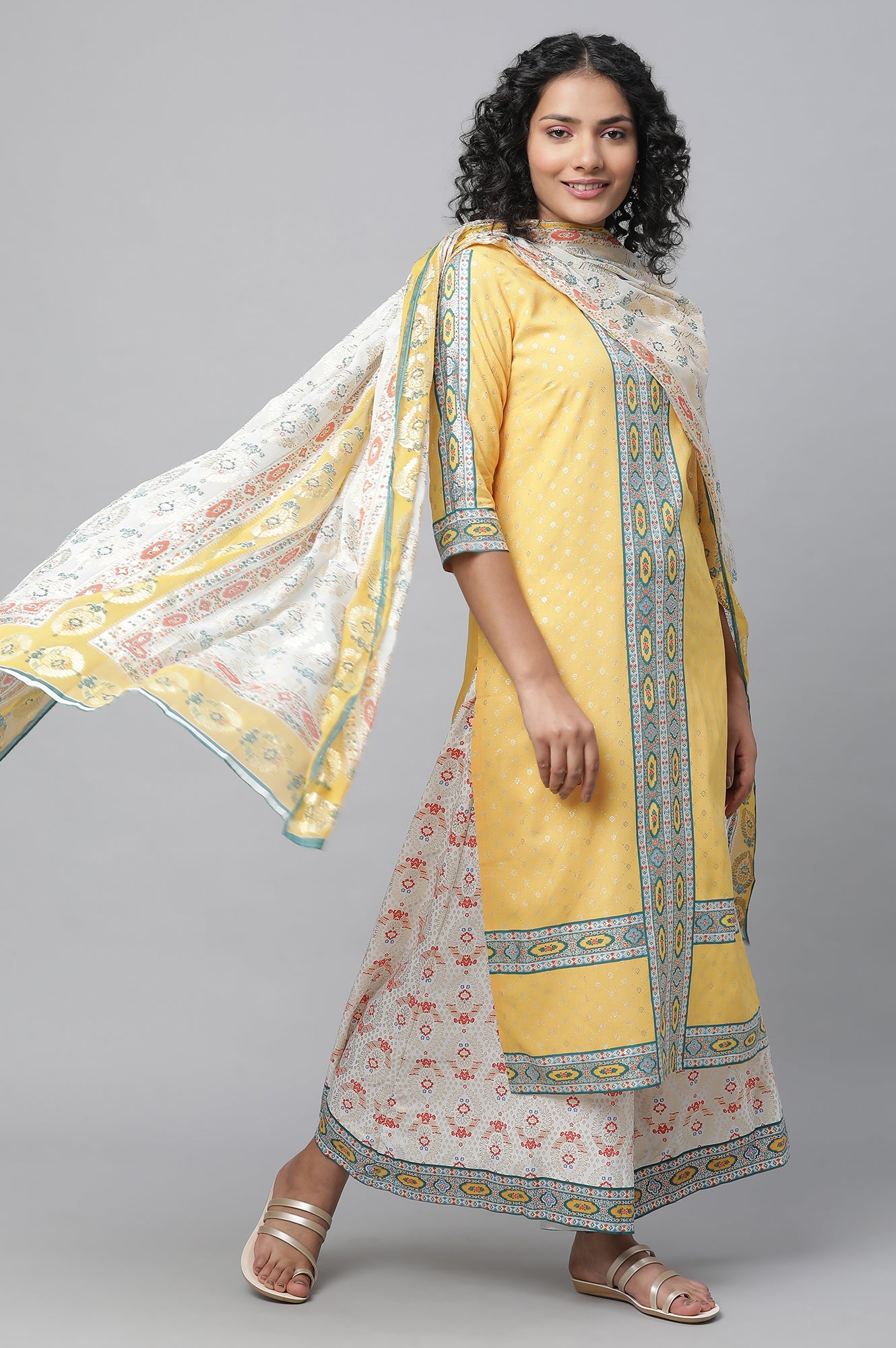 Yellow Festive kurta, Culottes &amp; Dupatta Set