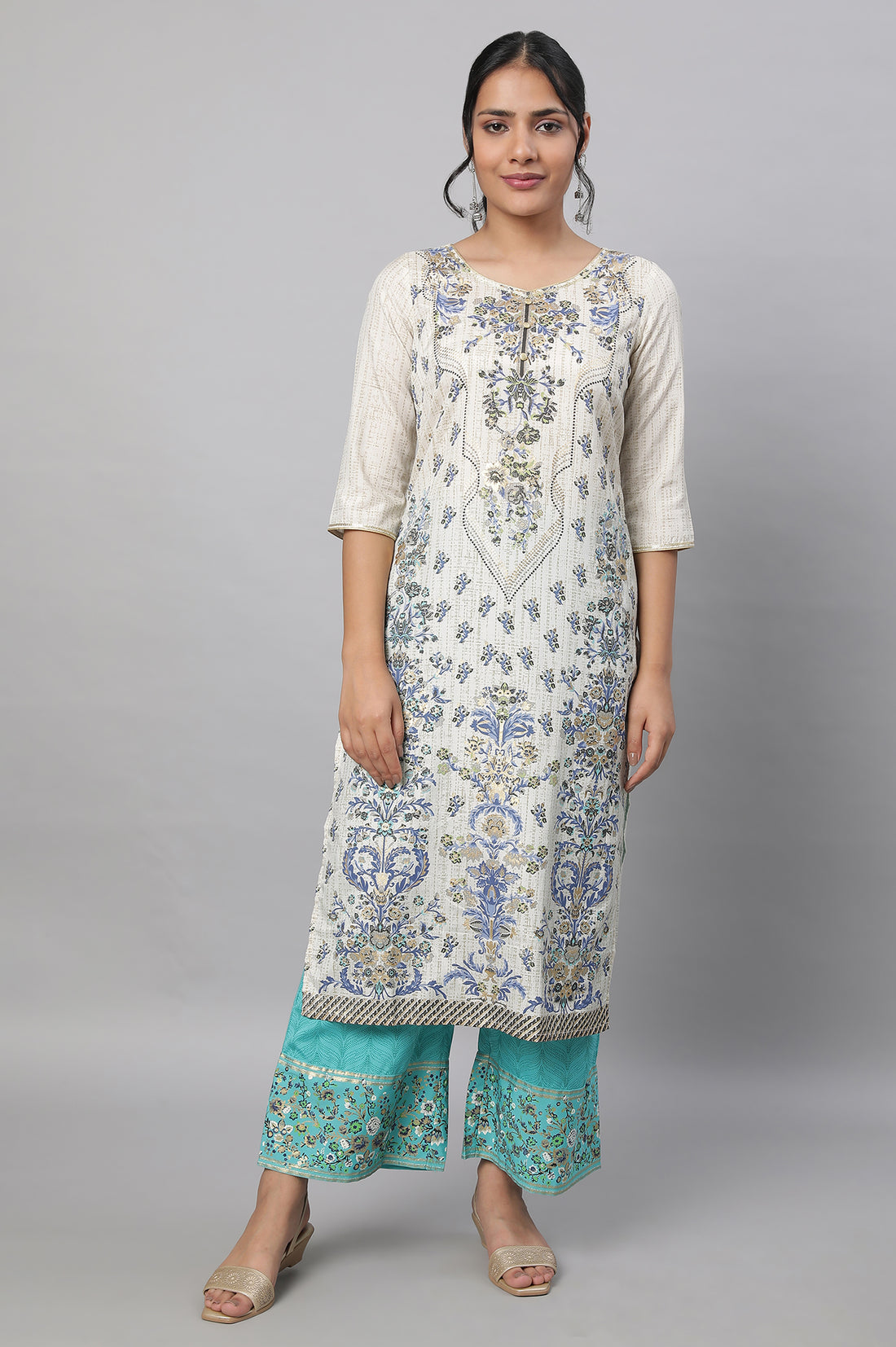 White Printed kurta &amp; Palazzo Set