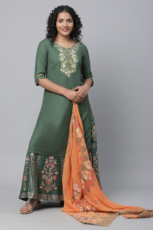 Green Festive kurta, Skirt & Dupatta Set