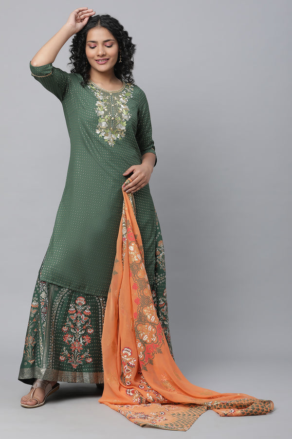 Green Festive kurta, Skirt & Dupatta Set