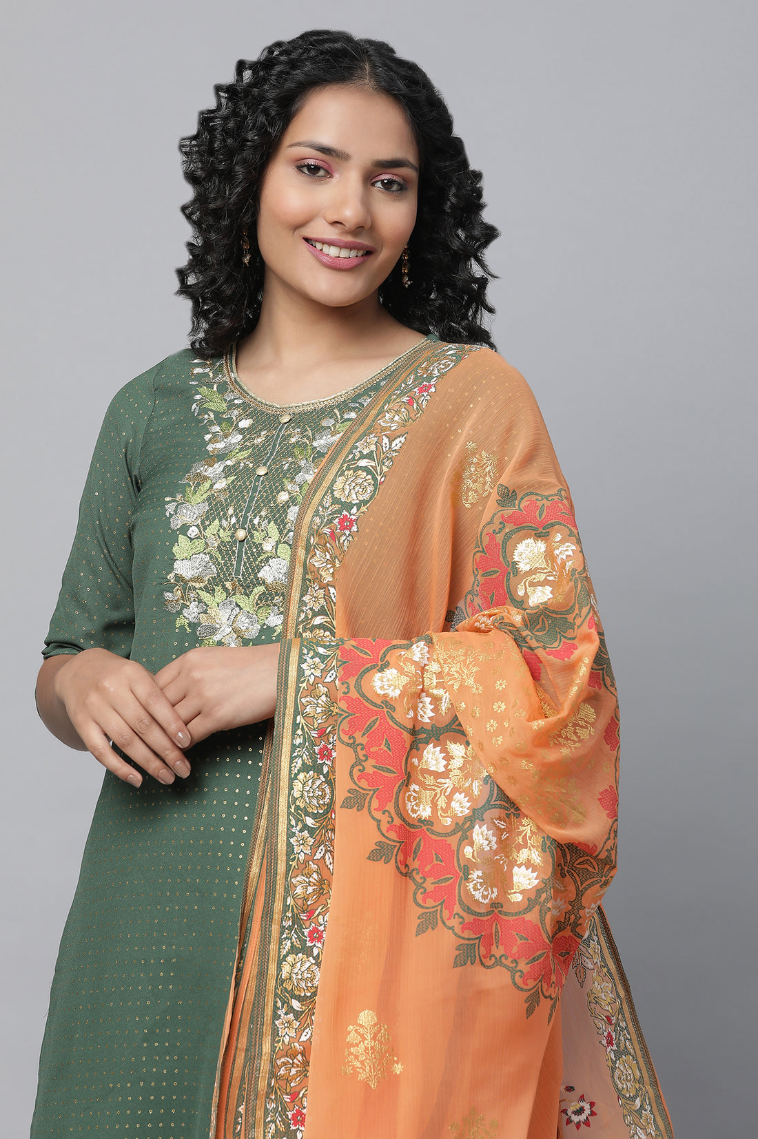 Green Festive kurta, Skirt &amp; Dupatta Set