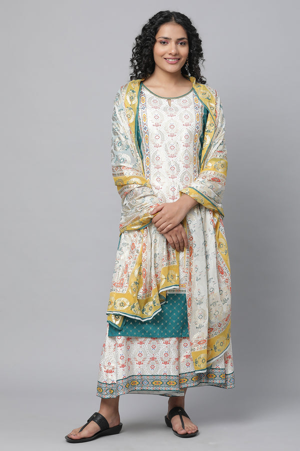 Green Festive kurta, Culottes & Dupatta Set