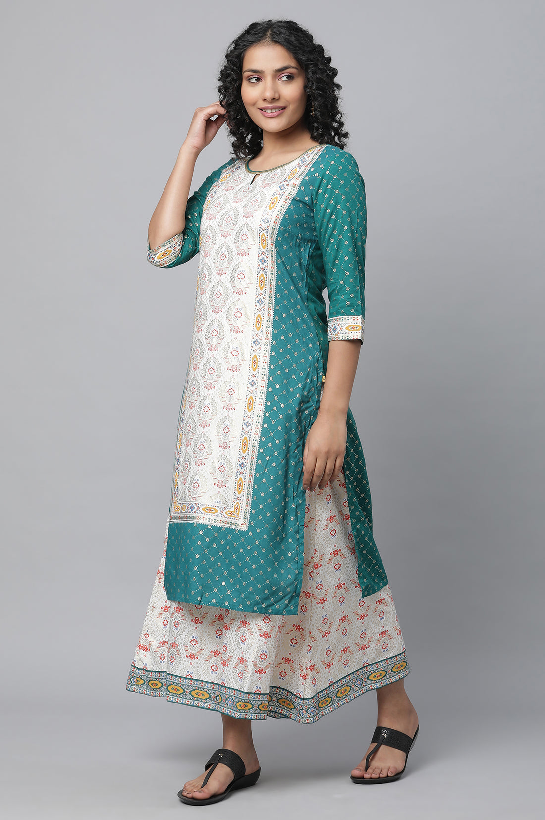 Green Festive kurta, Culottes &amp; Dupatta Set