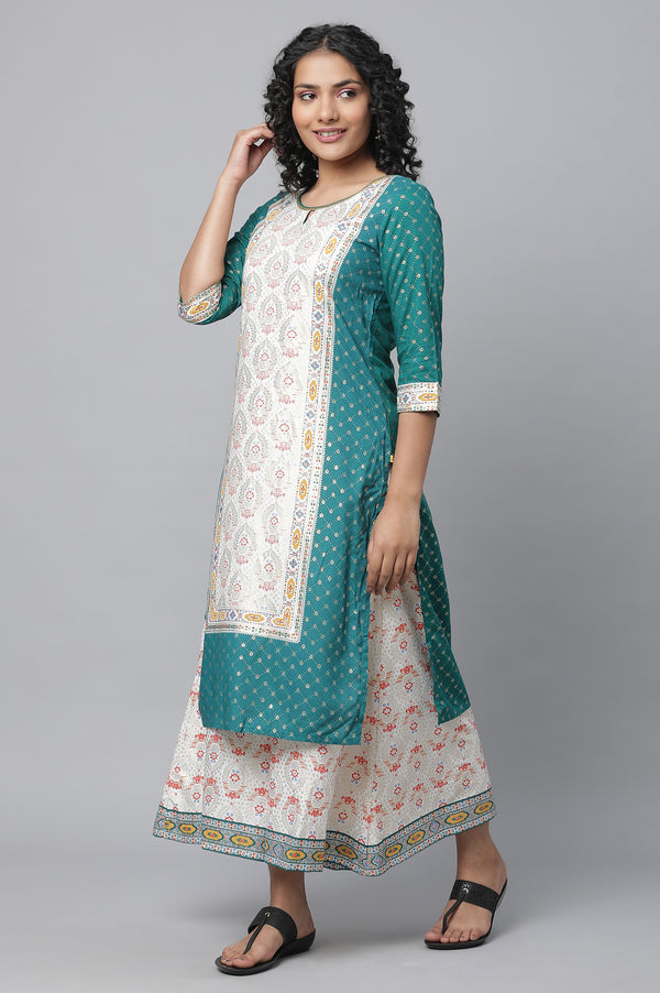 Green Festive kurta, Culottes & Dupatta Set