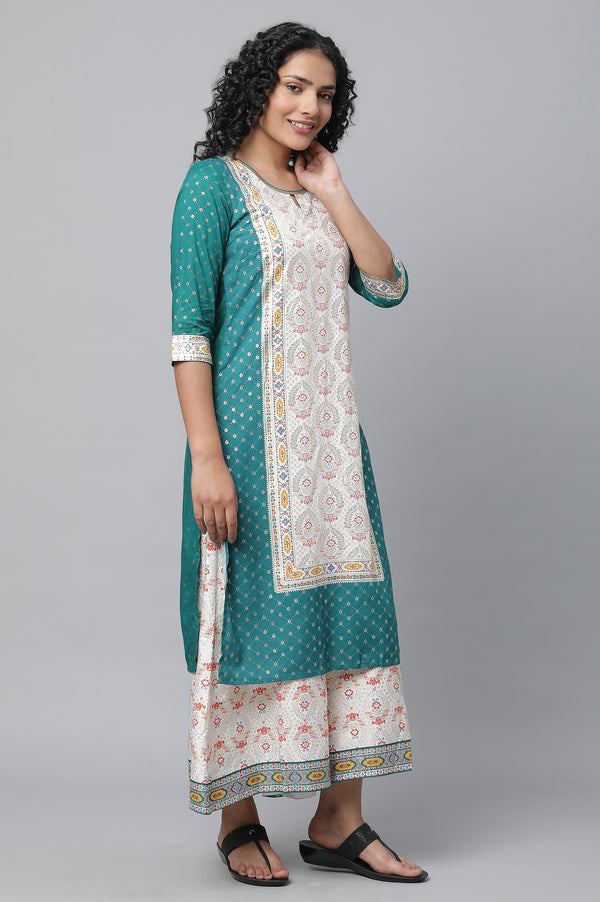 Green Festive kurta, Culottes & Dupatta Set