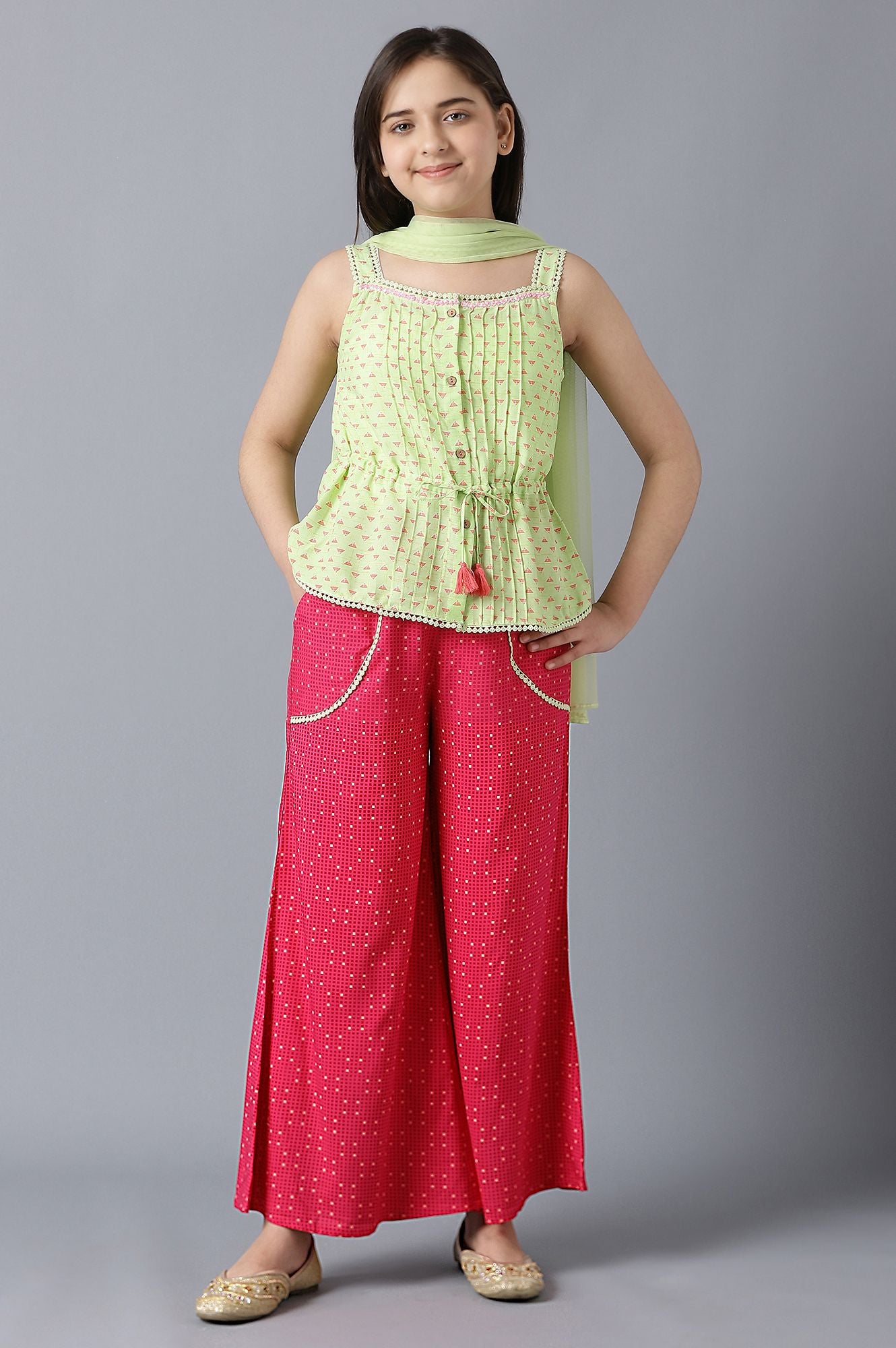 Girls Light Green Boat Neck Printed kurta With Pink Straight Palazzo And Dupatta