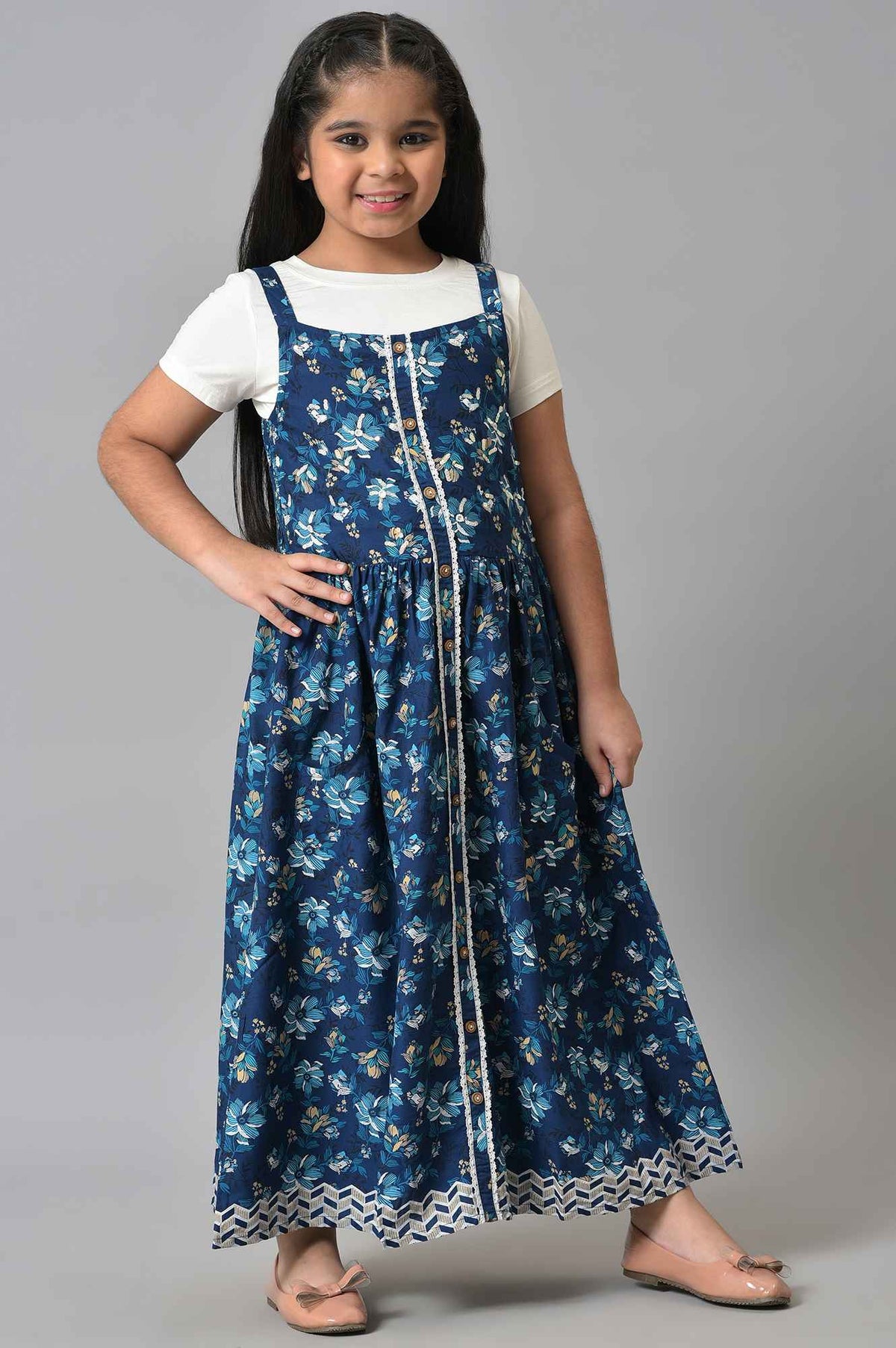 Girls Blue Round Neck Dress With Top - 14-15