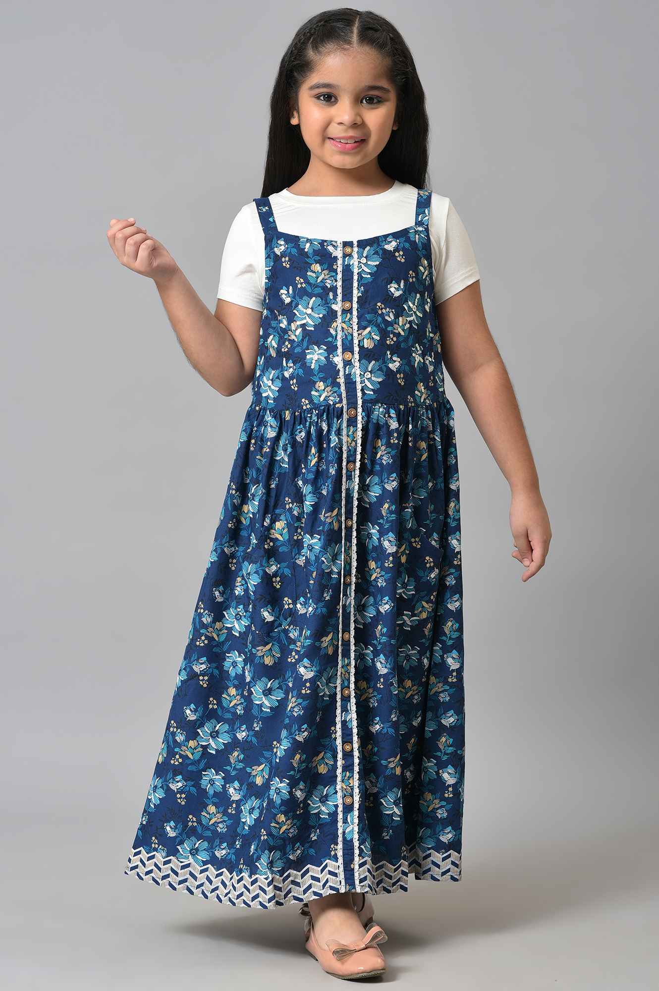 Girls Blue Round Neck Dress With Top