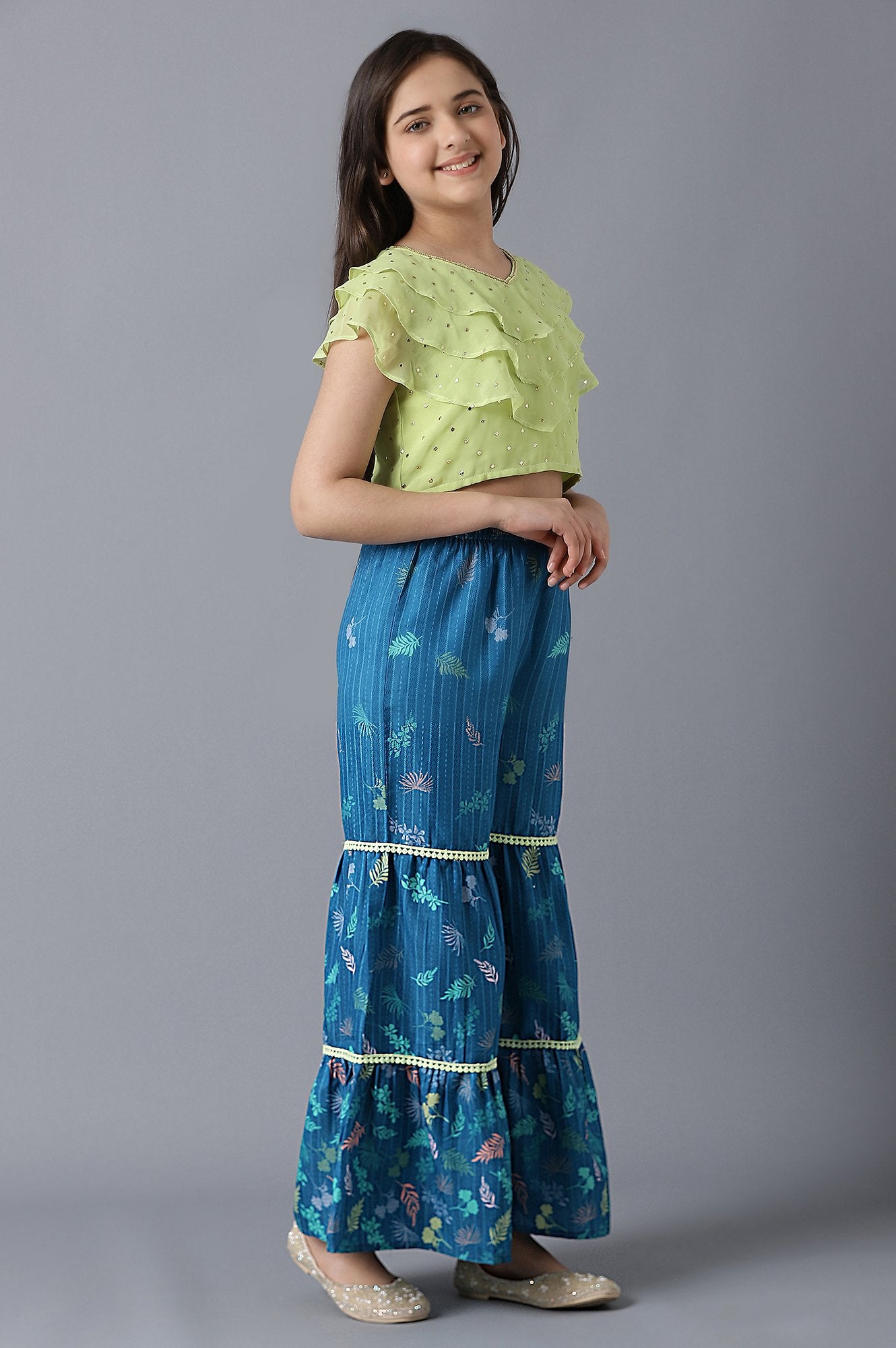 Light Green Sleeveless Emboss Top With Blue Printed Sharara