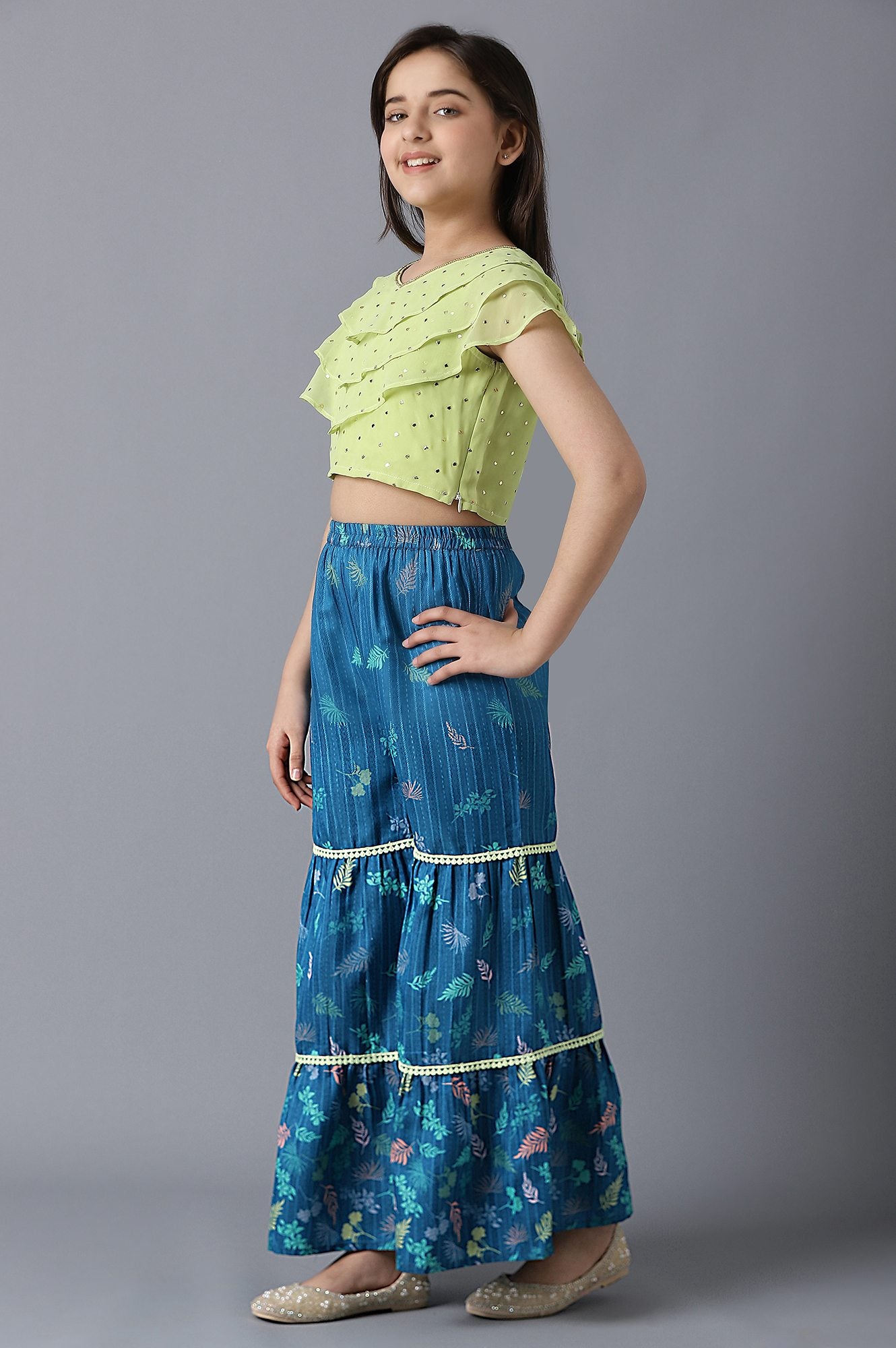 Light Green Sleeveless Emboss Top With Blue Printed Sharara