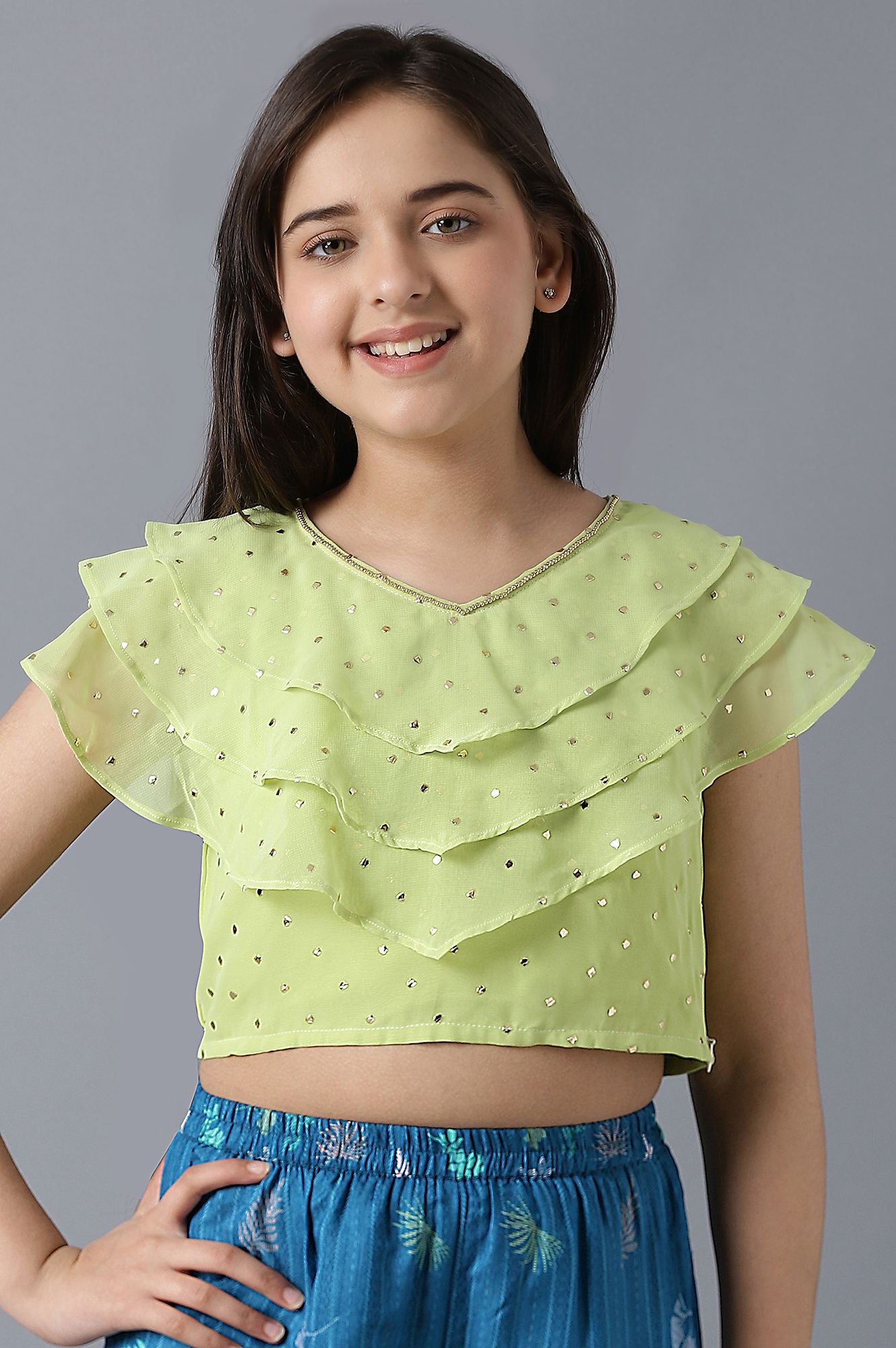 Light Green Sleeveless Emboss Top With Blue Printed Sharara