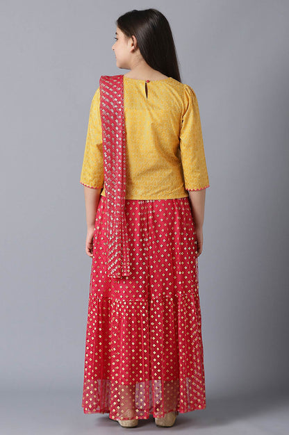 Girls Yellow Foil Printed Top With Red Flared Skirt And Dupatta