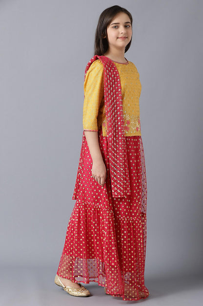 Girls Yellow Foil Printed Top With Red Flared Skirt And Dupatta