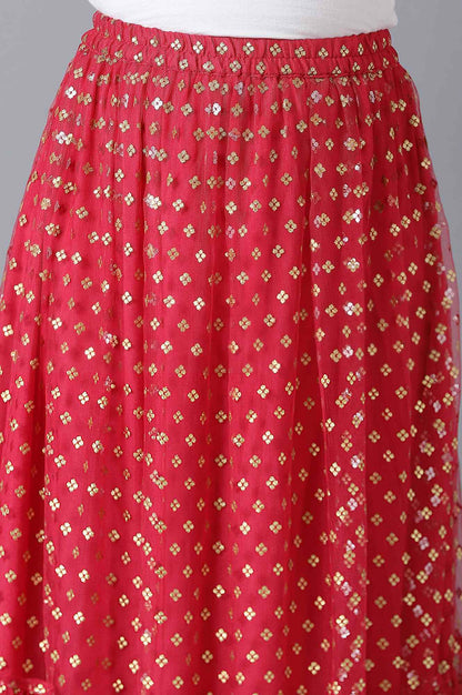 Girls Yellow Foil Printed Top With Red Flared Skirt And Dupatta