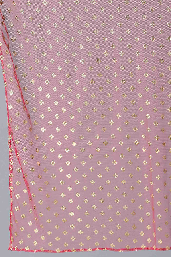 Girls Yellow Foil Printed Top With Red Flared Skirt And Dupatta