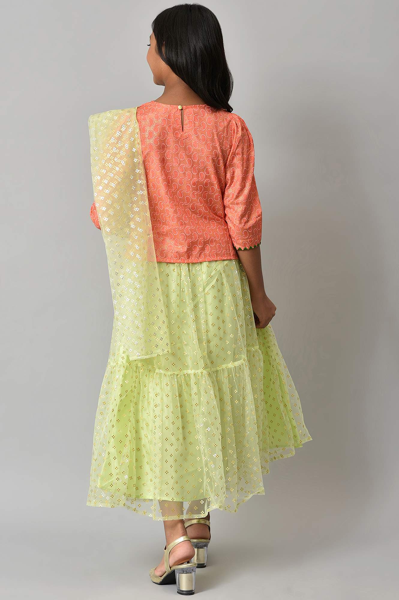 Girls Orange Foil Printed Top With Green Flared Skirt And Dupatta