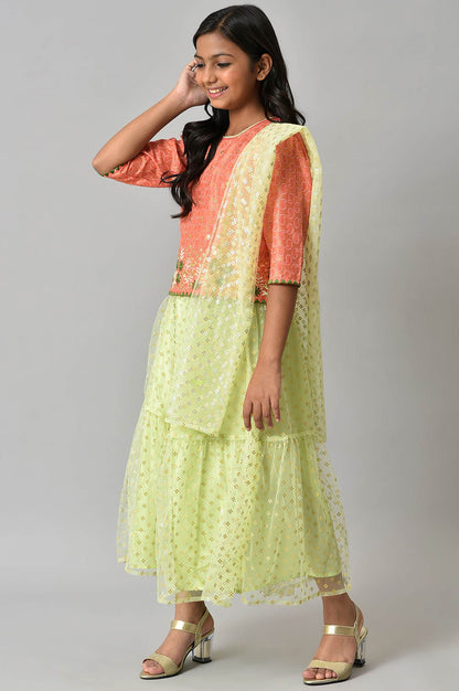 Girls Orange Foil Printed Top With Green Flared Skirt And Dupatta