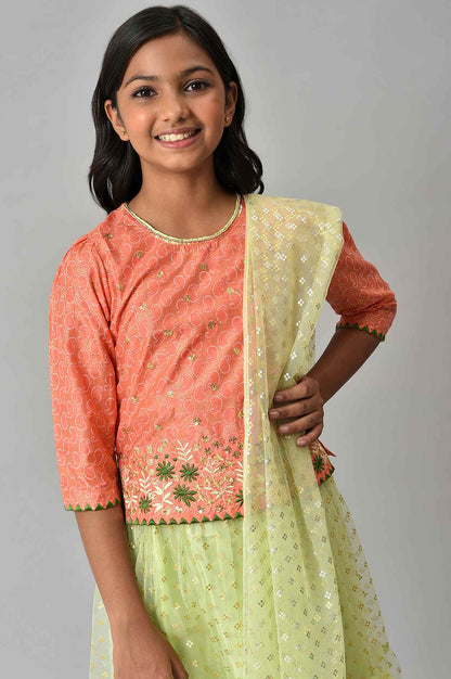 Girls Orange Foil Printed Top With Green Flared Skirt And Dupatta