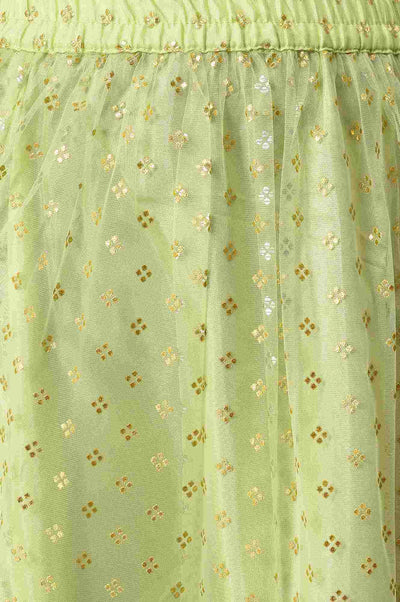 Girls Orange Foil Printed Top With Green Flared Skirt And Dupatta