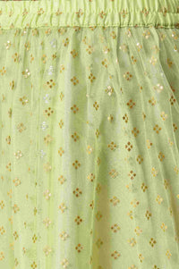 Girls Orange Foil Printed Top With Green Flared Skirt And Dupatta