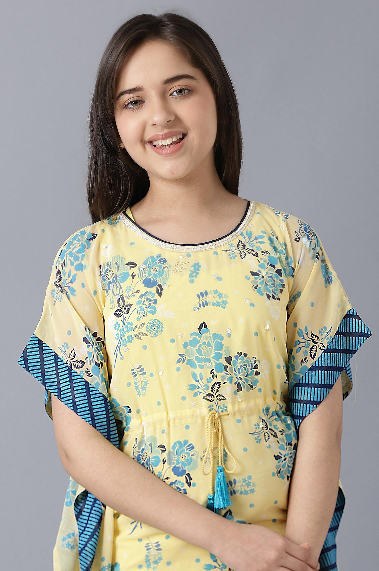 Girls Light Yellow Georgette Kaftan With Inner