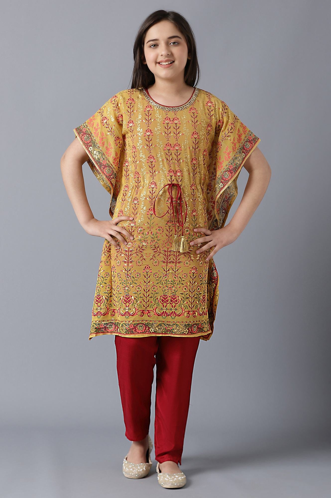 Girls Yellow Kaftan With Red Inner And Trousers