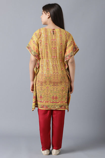 Girls Yellow Kaftan With Red Inner And Trousers