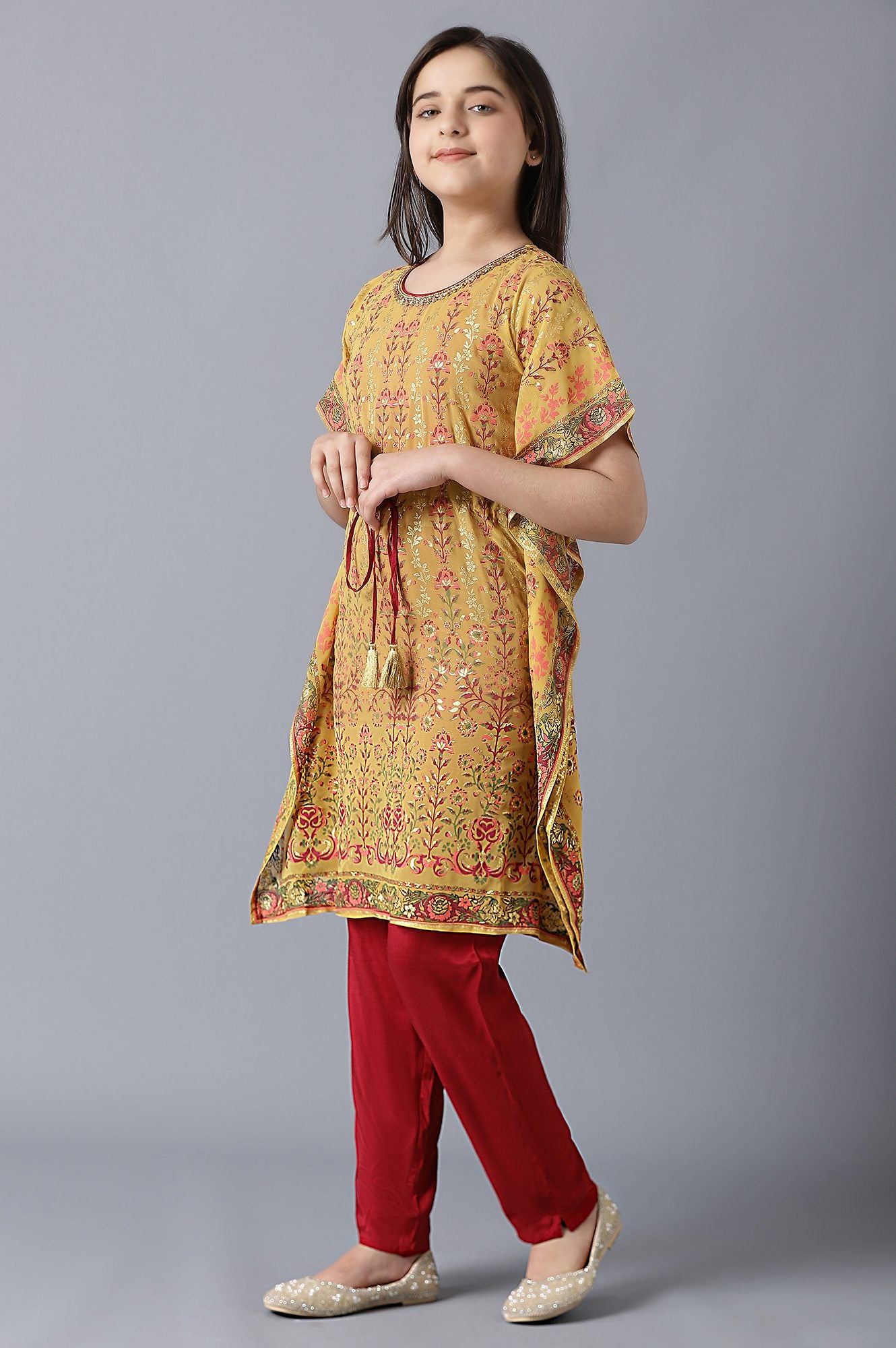 Girls Yellow Kaftan With Red Inner And Trousers