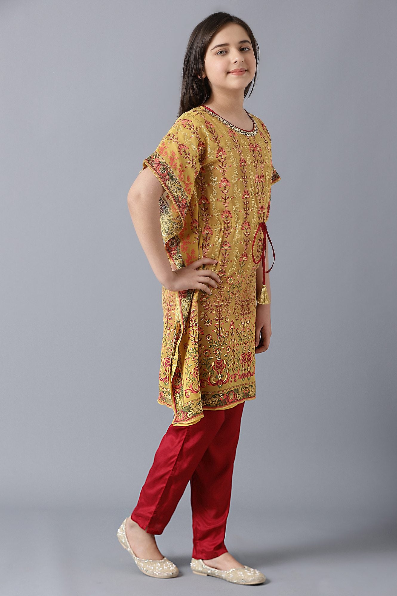 Girls Yellow Kaftan With Red Inner And Trousers