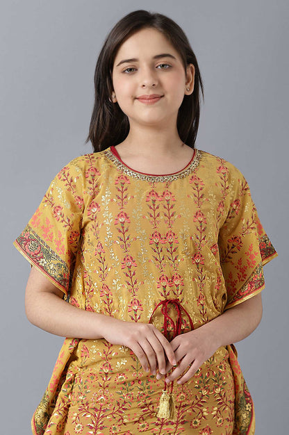 Girls Yellow Kaftan With Red Inner And Trousers