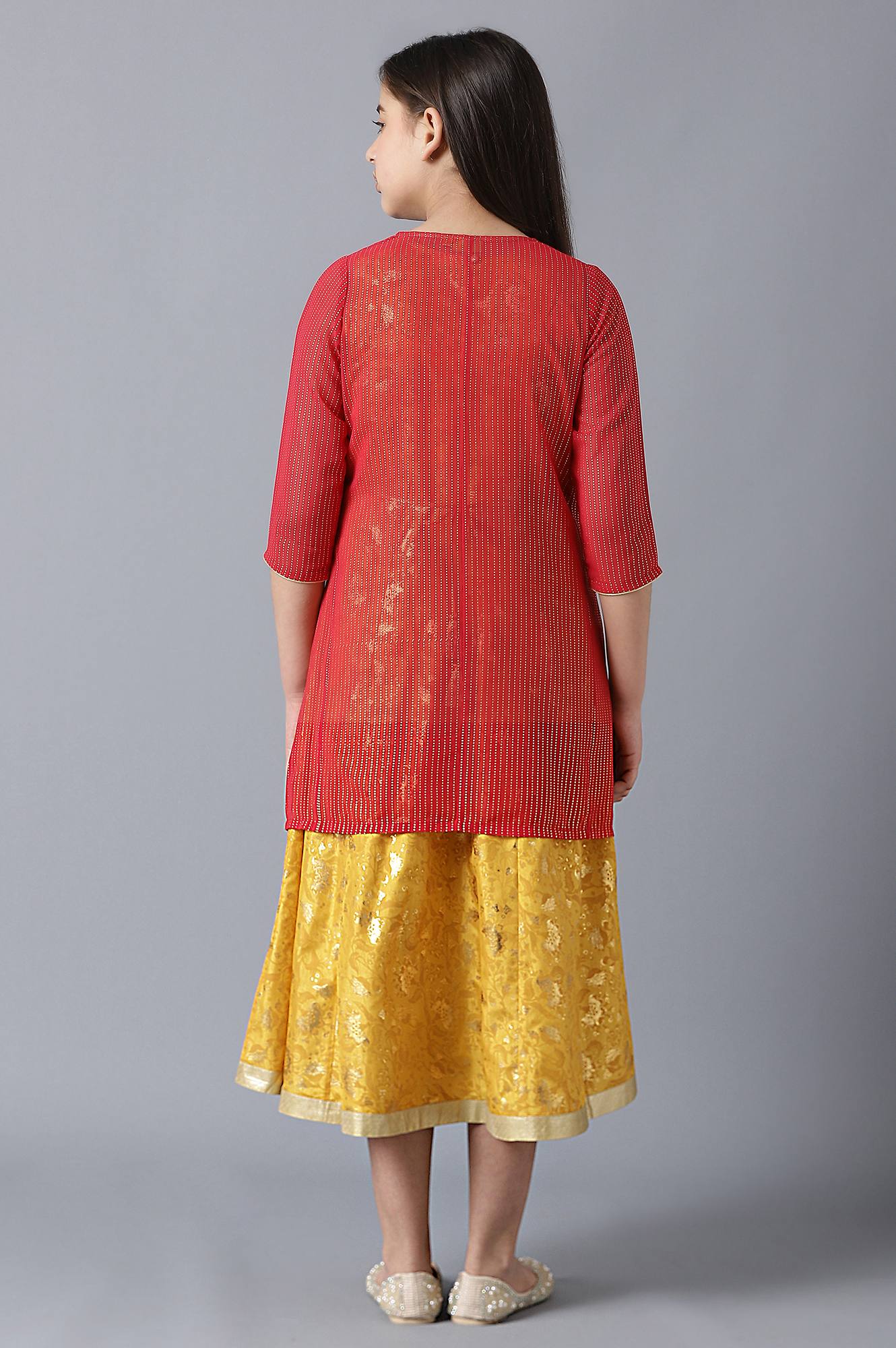 Girls Red Gotta Patti Gillet With Yellow Printed Dress