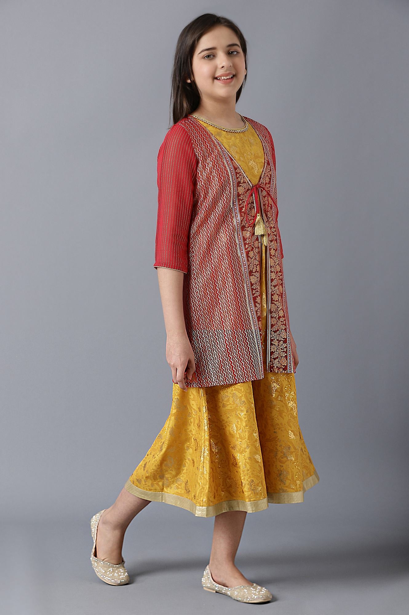 Girls Red Gotta Patti Gillet With Yellow Printed Dress