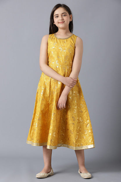 Girls Red Gotta Patti Gillet With Yellow Printed Dress