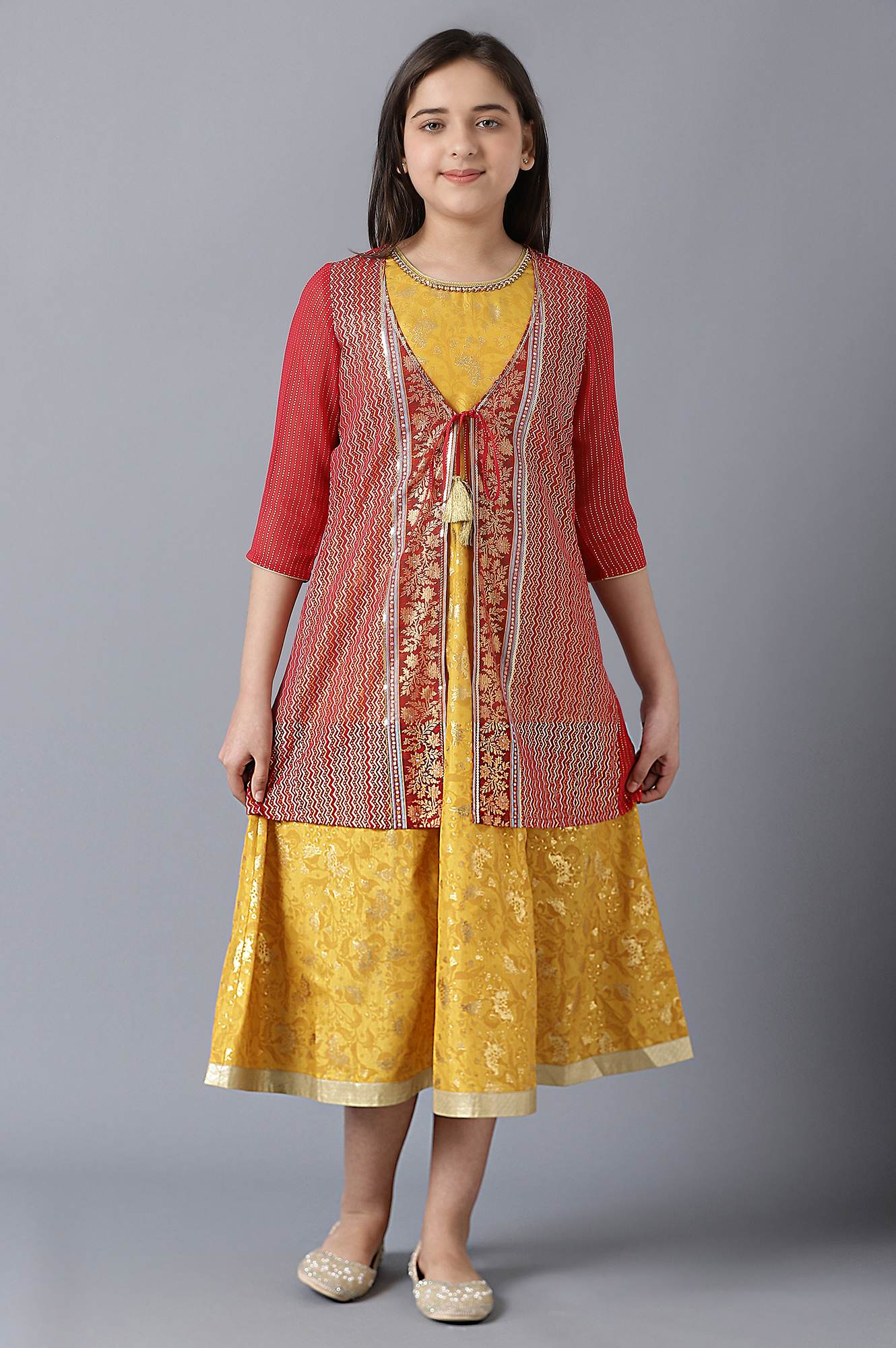 Girls Red Gotta Patti Gillet With Yellow Printed Dress