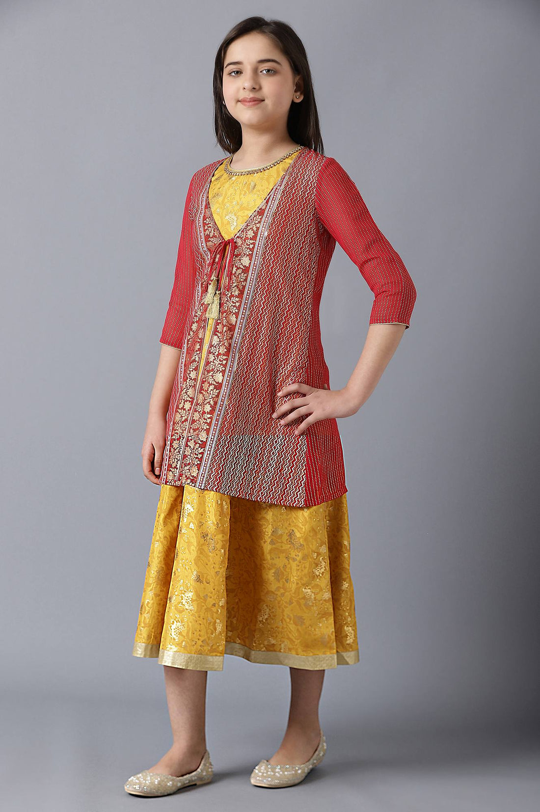 Girls Red Gotta Patti Gillet With Yellow Printed Dress