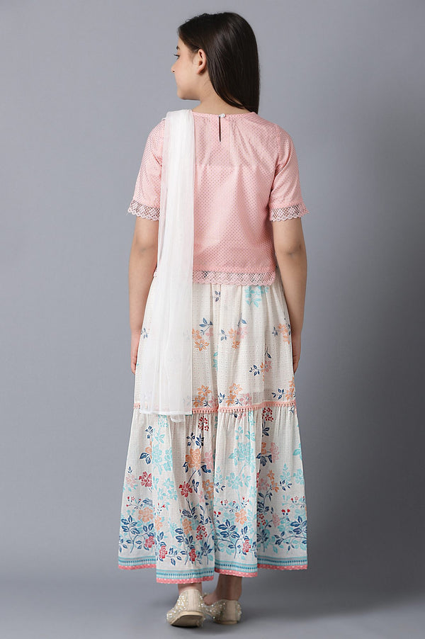 Pink Straight Top With White Flared Skirt And Dupatta