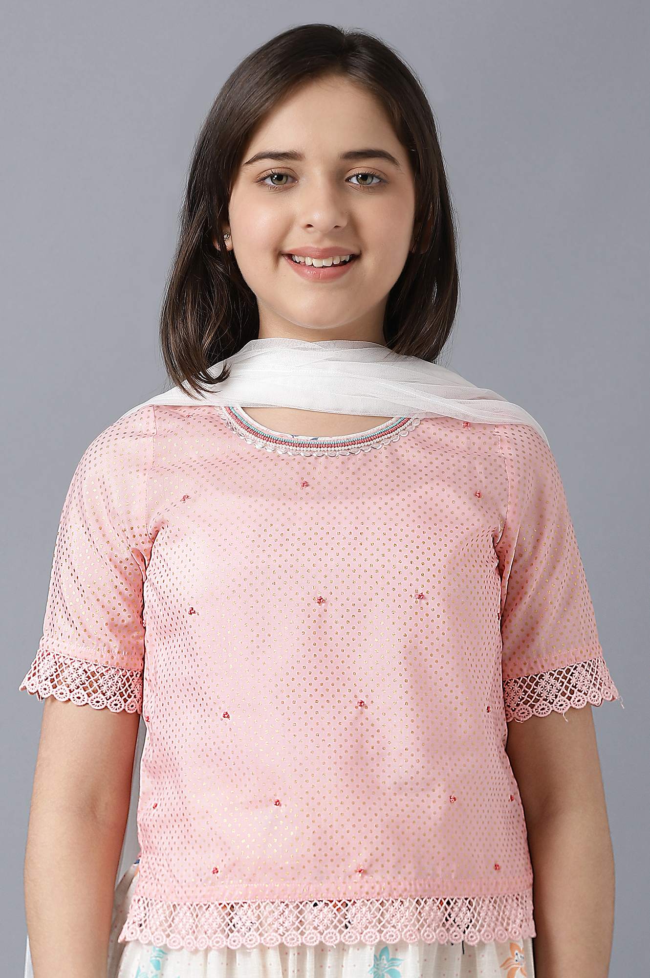 Pink Straight Top With White Flared Skirt And Dupatta