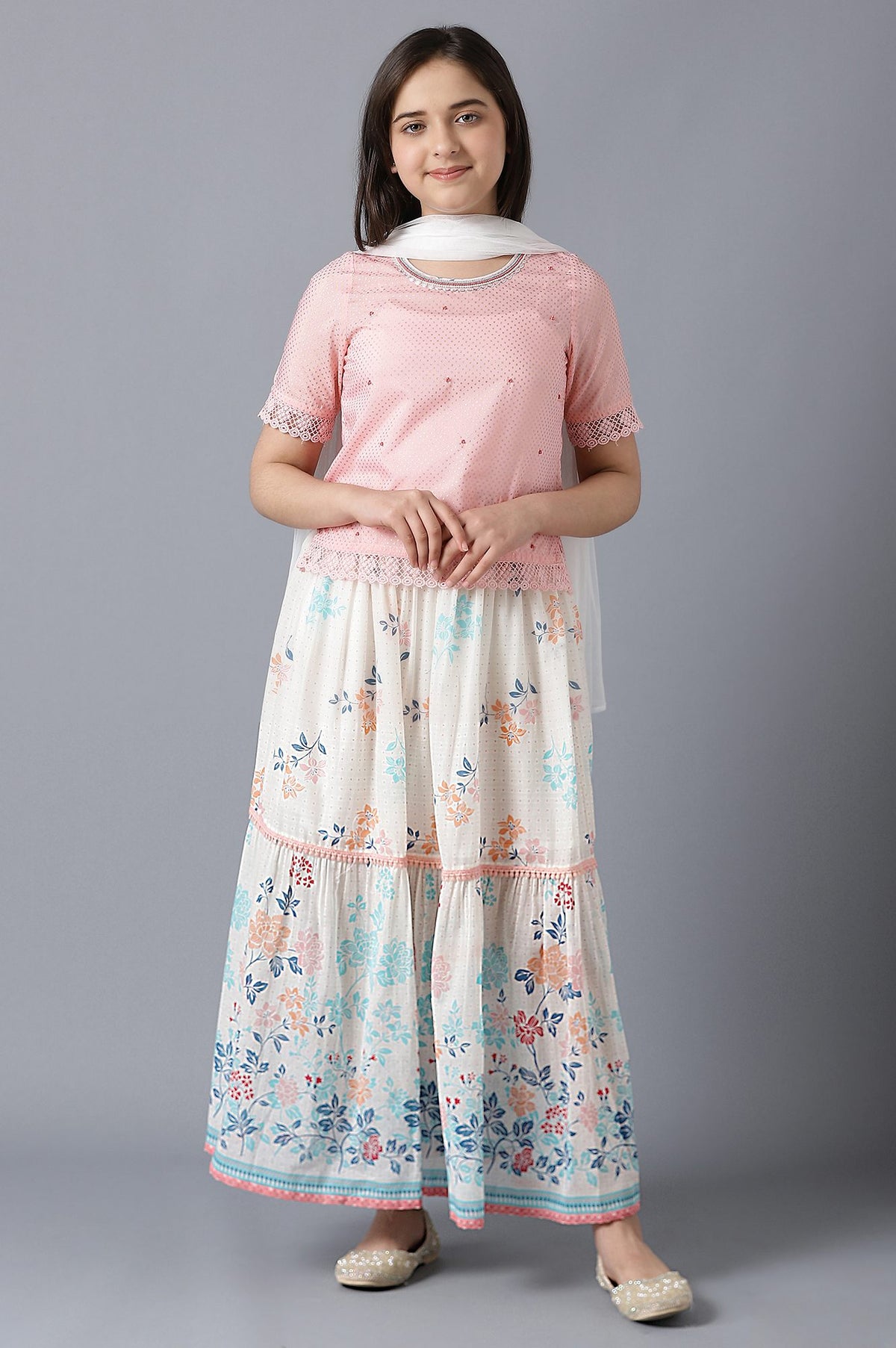 Pink Straight Top With White Flared Skirt And Dupatta - 12 to 13