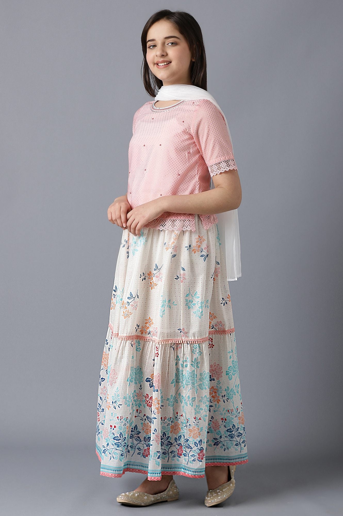 Pink Straight Top With White Flared Skirt And Dupatta