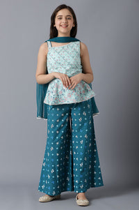 Girls Green Sleeveless Printed kurta With Palazzo And Dupatta