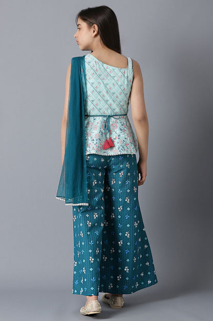 Girls Green Sleeveless Printed kurta With Palazzo And Dupatta