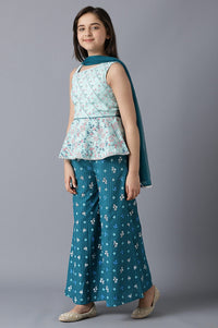 Girls Green Sleeveless Printed kurta With Palazzo And Dupatta