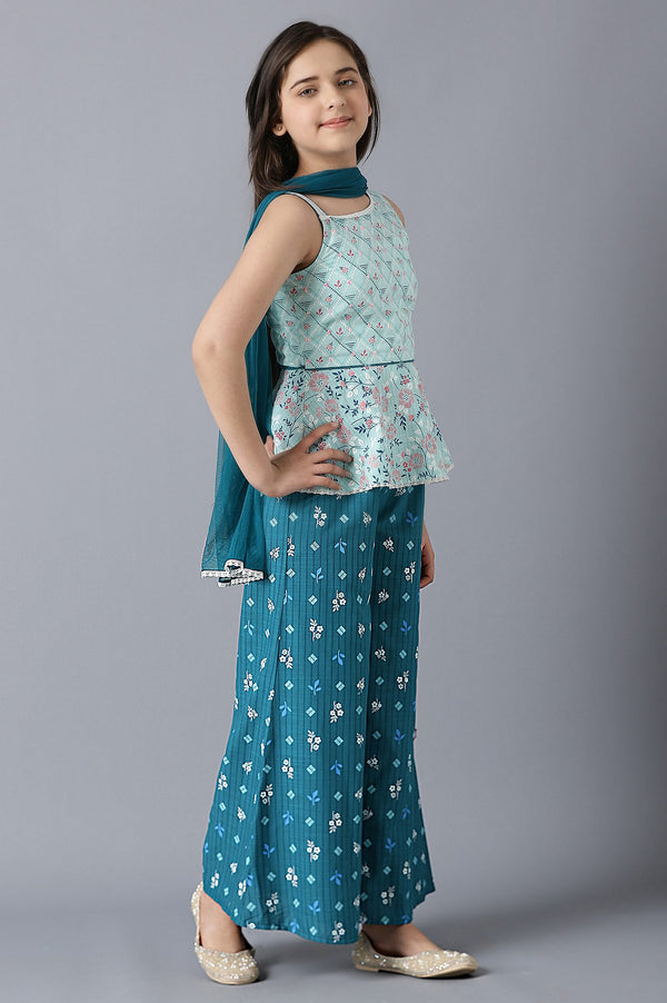 Girls Green Sleeveless Printed kurta With Palazzo And Dupatta